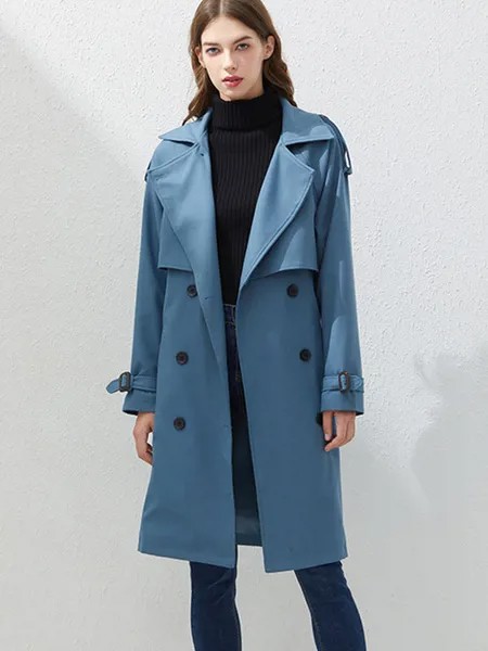 Milanoo Women Coat Light Sky Blue Turndown Collar Long Sleeve Buttons Polyester Casual Winter Trench