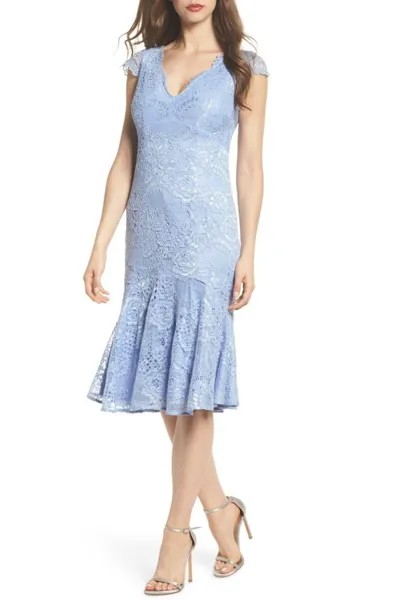 НОВИНКА ADRIANNA PAPELL Голубое лавандовое романтическое кружевное платье миди с v-образным вырезом и воланами по подолу 12