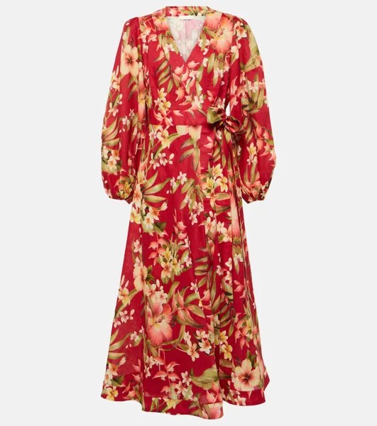 Льняное платье lexi с цветочным принтом Zimmermann, мультиколор