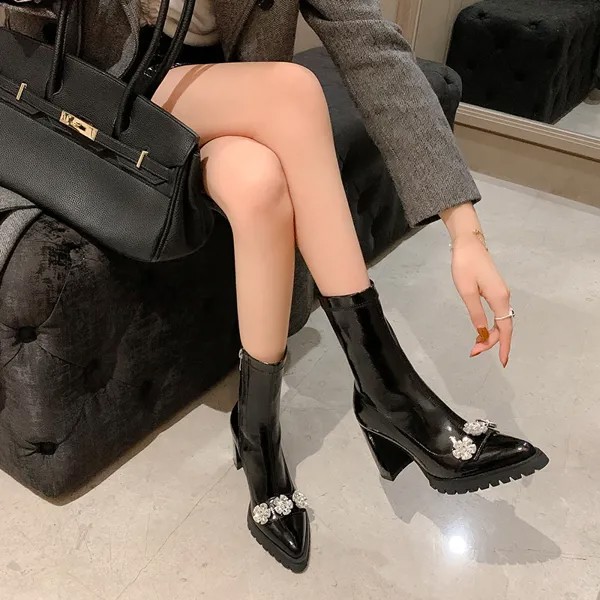 Корейская версия женская обувь весна-осень Цветочные Стразы короткие сапоги черные с острым носком эластичные сапоги на высоком каблуке пи...