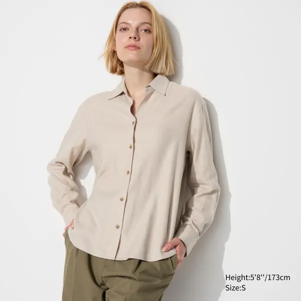 Фланелевая рубашка в клетку с открытым воротником UNIQLO, бежевый