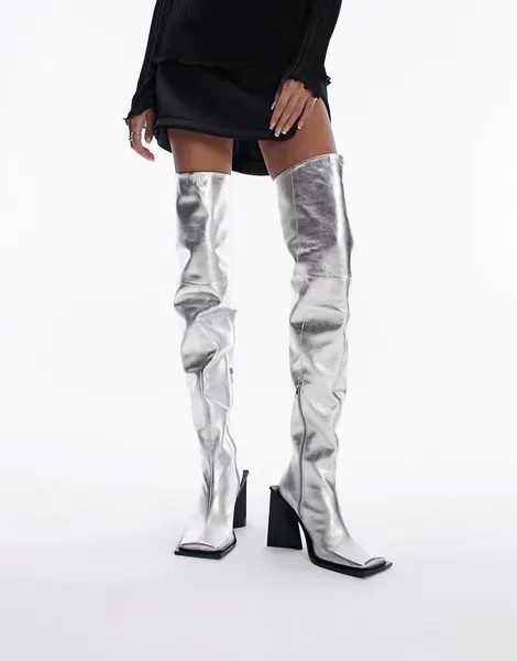 Серебристые кожаные сапоги до бедра премиум-класса Topshop Limited Edition Freya с квадратным носком