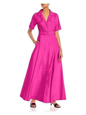 STAUD Женское розовое платье-рубашка макси с коротким рукавом и воротником-хомутом с поясом и манжетами 00