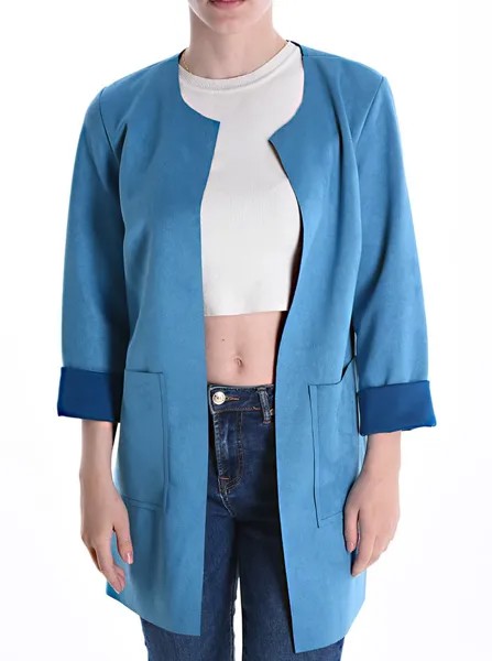 Замшевое пальто с карманами, светло-синий