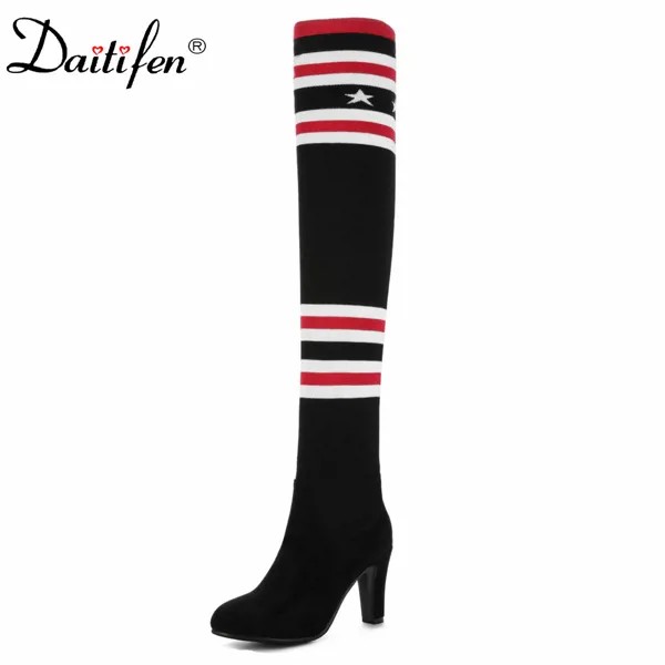 Daitifen Модная зимняя обувь , студенческий стиль, разноцветные туфли-лодочки, женские сапоги-чулки, женские ботфорты на высоком каблуке
