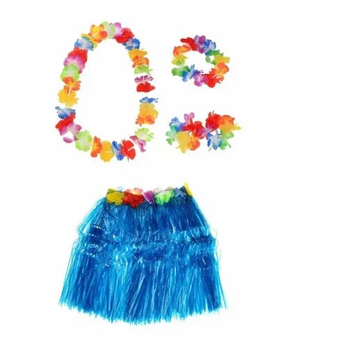 Гавайская юбка синяя 40 см, ожерелье лея 96 см, венок, 2 браслета (набор)