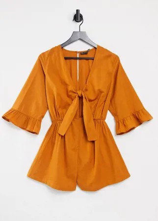 Светло-коричневый ромпер с узлом спереди и оборками на рукавах ASOS DESIGN-Коричневый цвет