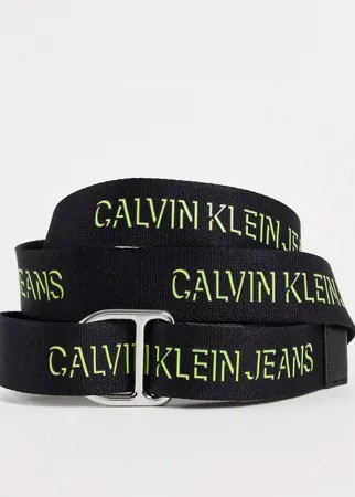 Черный ремень с D-образным кольцом и логотипом лаймового цвета Calvin Klein Jeans-Черный цвет