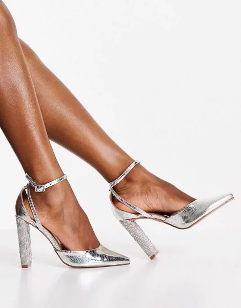 Серебристые туфли с фактурой под змею на высоком каблуке с декоративной отделкой ASOS DESIGN Praise-Серебряный