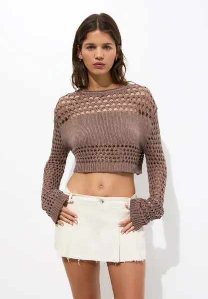 Вязаный свитер OPEN- CROPPED PULL&BEAR, коричневый