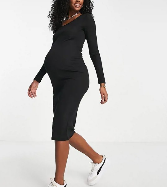 Черное платье миди в рубчик с длинными рукавами Flounce London Maternity-Черный