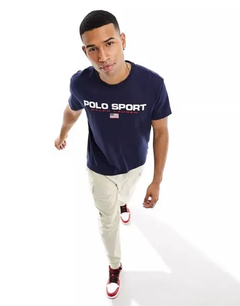 Темно-синяя футболка оверсайз из специальной коллекции Polo Ralph Lauren Sport с логотипом в виде флага спереди