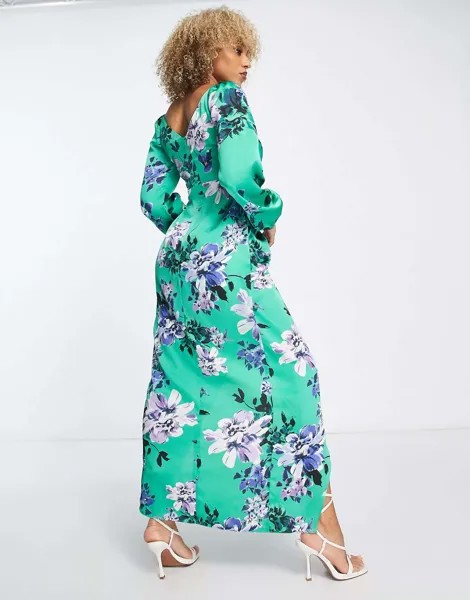 Платье макси из ликерного атласа с запахом и рукавами-блузонами с зеленым цветочным принтом Liquorish