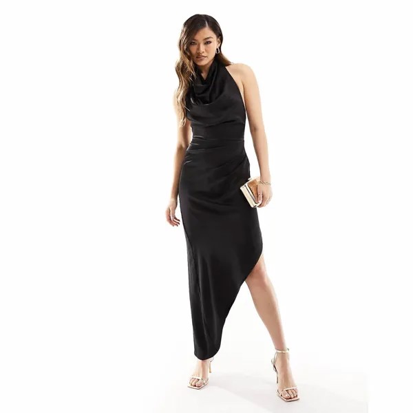 Платье Flounce London High Cowl Neck Asymmetric Satin Midi, черный