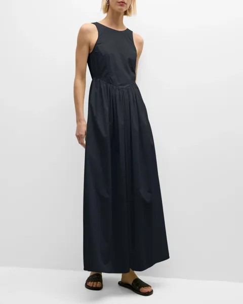 Платье макси из хлопкового поплина без рукавов со сборками Emporio Armani, цвет Navy