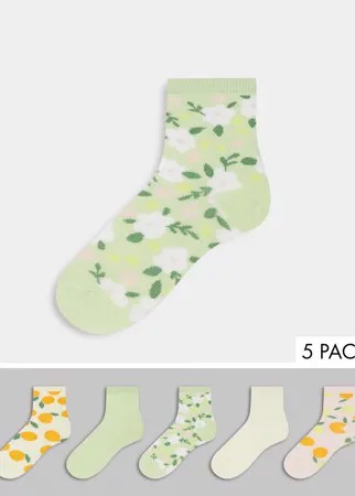 Набор из 5 пар разноцветных носков из органического хлопка с принтом цветов и фруктов Monki Polly-Многоцветный