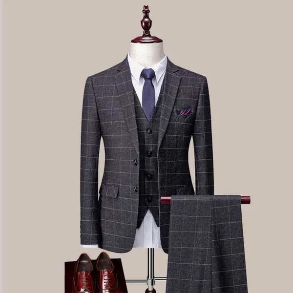 Мужской костюм 5XL (пиджак + жилет + брюки), блейзеры с лацканами, модный клетчатый Ретро деловой комплект из 3 предметов, Повседневное платье для жениха 2023