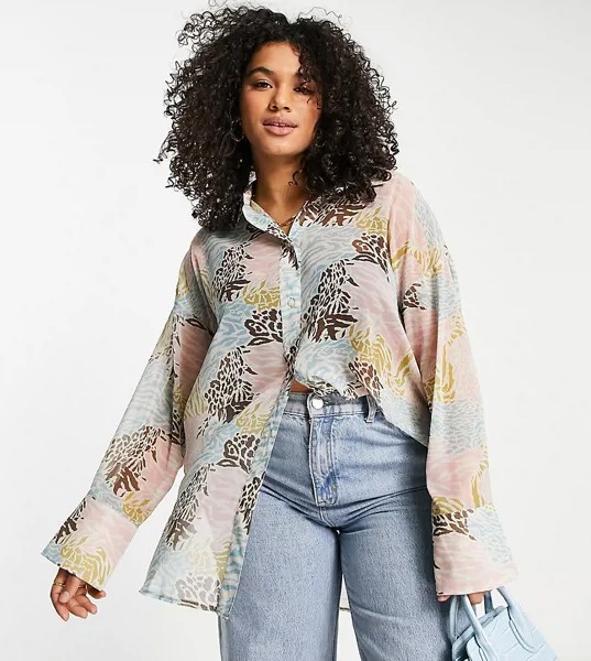 Прозрачная oversized-рубашка со звериным принтом ASOS DESIGN Curve-Разноцветный