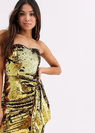 Платье мини с вырезом-бандо, пайетками и отделкой черного и золотистого цвета TFNC Petite-Многоцветный