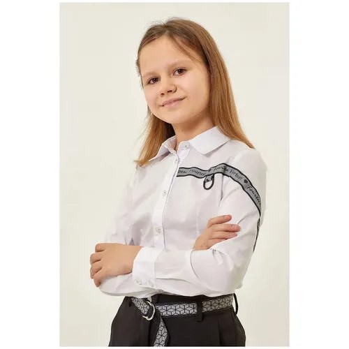 Школьная блуза Colabear, прямой силуэт, на пуговицах, длинный рукав, манжеты, светоотражающие элементы, размер 154, белый
