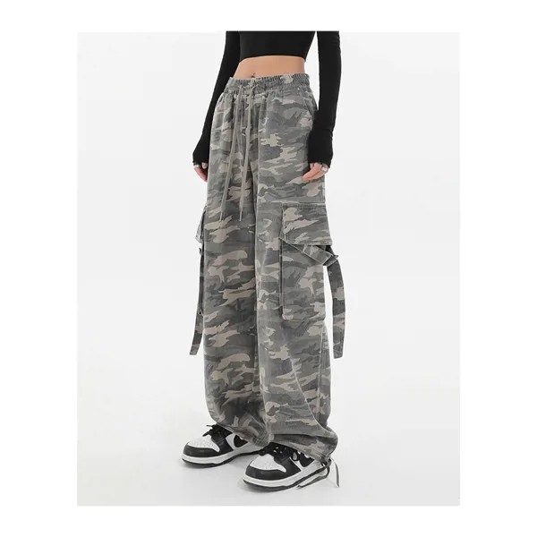 Винтажные свободные джинсы в стиле хип-хоп, серые камуфляжные женские уличные брюки-карго в стиле 90-х с карманами и широкими штанинами, прям...