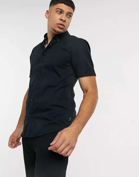 Черная хлопковая рубашка стрейч с короткими рукавами Only & Sons