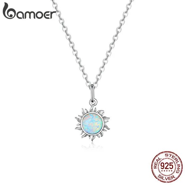 BAMOER Аутентичный 925 стерлингового серебра Белый Опал Солнце Кулон Цепочка Звено Ожерелья для женщин Ювелирные изделия