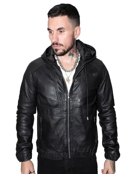 Повседневная кожаная куртка-бомбер с капюшоном-Одесса Infinity Leather, черный