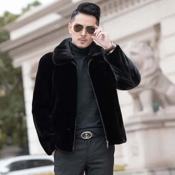 Новая зимняя искусственная норковая шуба, мужская куртка, Толстая с отложным воротником/капюшоном, куртка из искусственного меха, мужское черное пальто, Мужское пальто E489