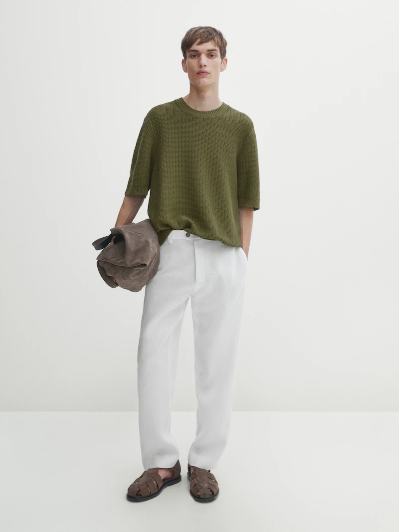 Трикотажная футболка из смеси хлопка и льна Massimo Dutti, зеленый
