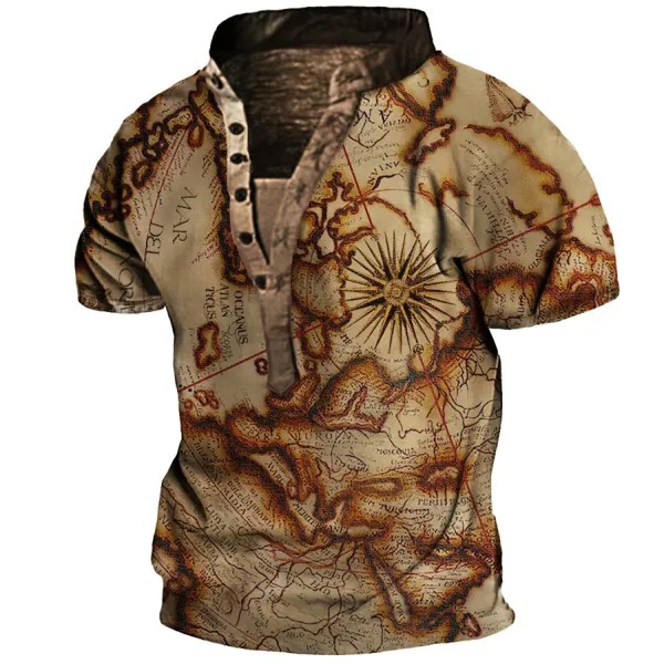 Мужская футболка с воротником-стойкой на пуговицах на открытом воздухе в винтажном стиле с картой мира