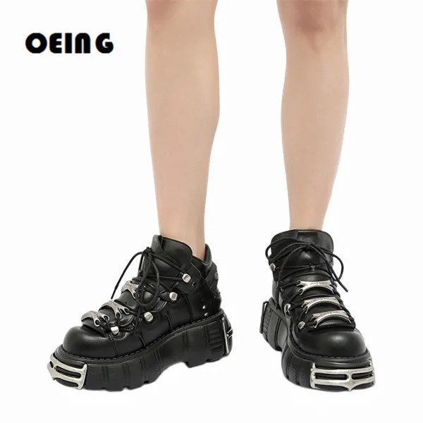 Женские низкие ботинки с металлическим носком, женская обувь на толстой платформе и шнуровке спереди, мотоциклетные ботинки в стиле панк для девушек, женские ботинки