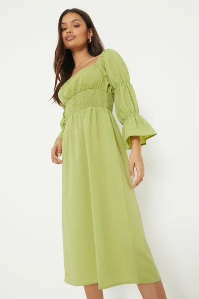 Платье миди Petite салатового цвета с объемными рукавами и присборенными рукавами Dorothy Perkins, зеленый