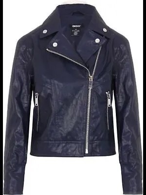 DKNY Женская синяя укороченная мотоциклетная куртка на молнии с длинным рукавом и воротником XS XS