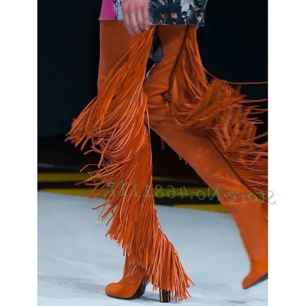 Женские Эластичные ботфорты с бахромой, трендовые оранжевые замшевые ботинки на высоком блочном каблуке, осенняя модная женская обувь без застежки с круглым носком