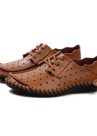 Мужские полые кожаные дышащие повседневные туфли-оксфорды на шнуровке на плоской подошве с вышивкой