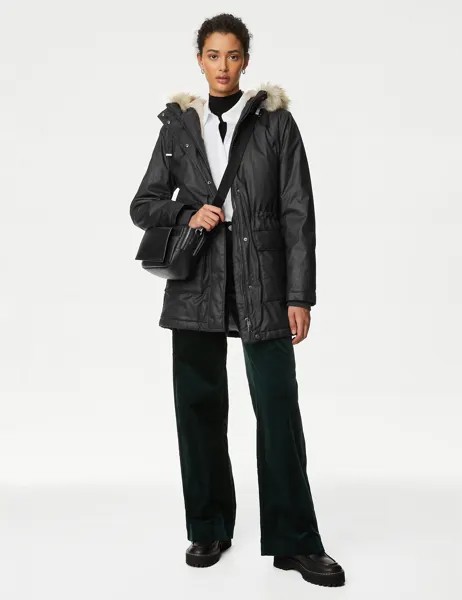 Парка Stormwear с капюшоном и подкладкой из вощеного искусственного меха Marks & Spencer, черный