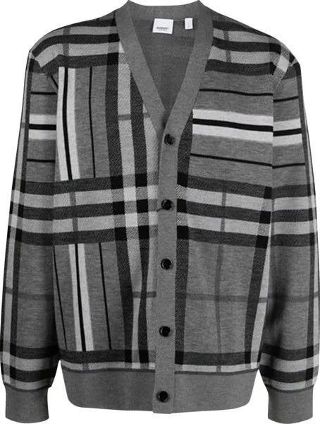 Кардиган Burberry Check And Stripe Wool Jacquard Cardigan 'Flint Melange', серый