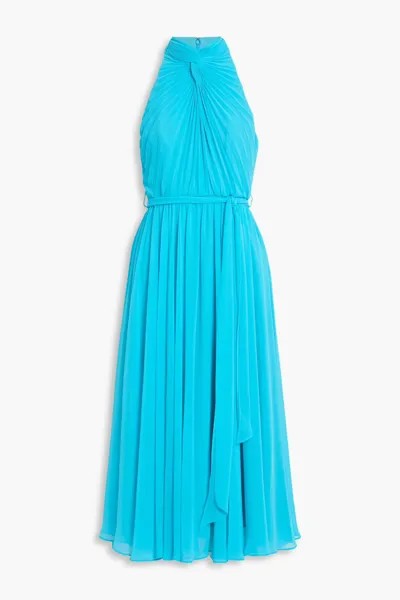 Плиссированное платье миди из шифона с поясом Badgley Mischka, бирюзовый