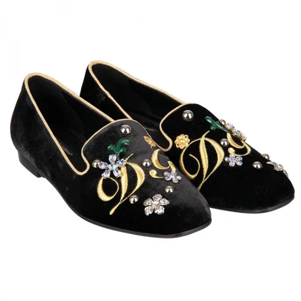 Dolce - Gabbana Бархатные балетки Джеки с вышивкой логотипа Черное золото 09650