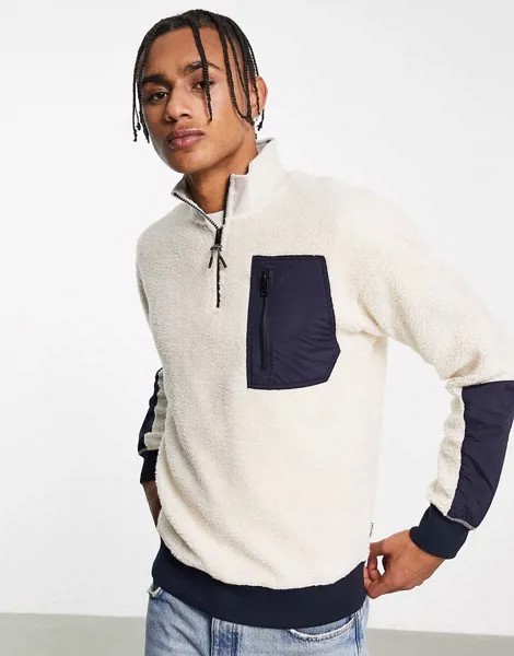 Светлый oversized-свитшот из флиса со вставками и молнией длиной 1/4 Jack & Jones Originals-Белый