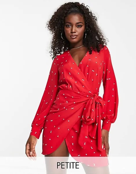 Красное платье Glamorous Petite с запахом и длинными рукавами и завязкой на талии