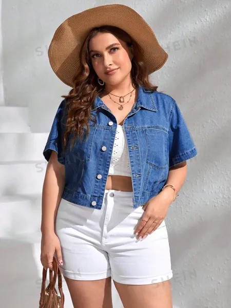 VCAY Plus Size Повседневная джинсовая куртка с короткими рукавами для отпуска на весну и лето Shein, синий