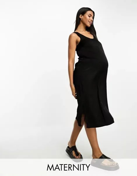 Черное атласное платье миди для беременных Mama.licious