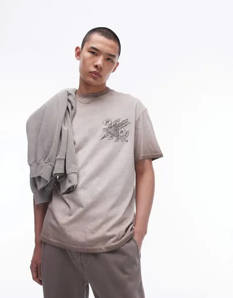 Темно-коричневая футболка оверсайз с вышивкой Topman