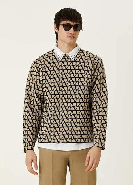 Бежево-черный шерстяной жаккардовый свитер с логотипом Valentino