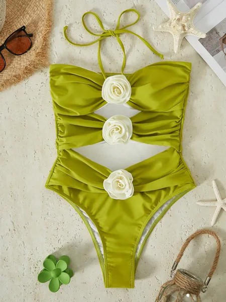 Bikinx однотонный сексуальный ажурный купальник-монокини с 3D цветочными деталями и вырезом через шею для женщин, зеленый
