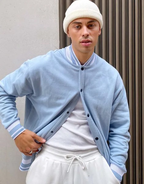 Синий трикотажный oversized-бомбер с окантовкой ASOS DESIGN-Голубой