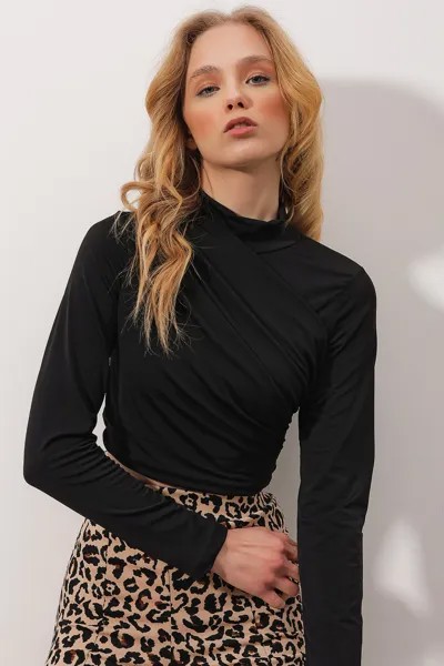 Женская черная плиссированная укороченная блузка песочного цвета с высоким воротником спереди ALC-X9935 Trend Alaçatı Stili, черный