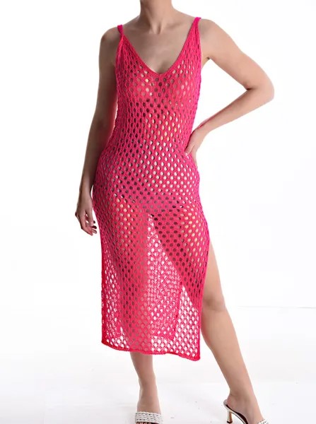 Платье без рукавов в сеточку с v-образным вырезом и разрезом, малиновый